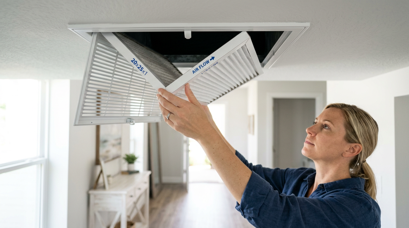 Homeowner replacing a clean air filter in a return vent