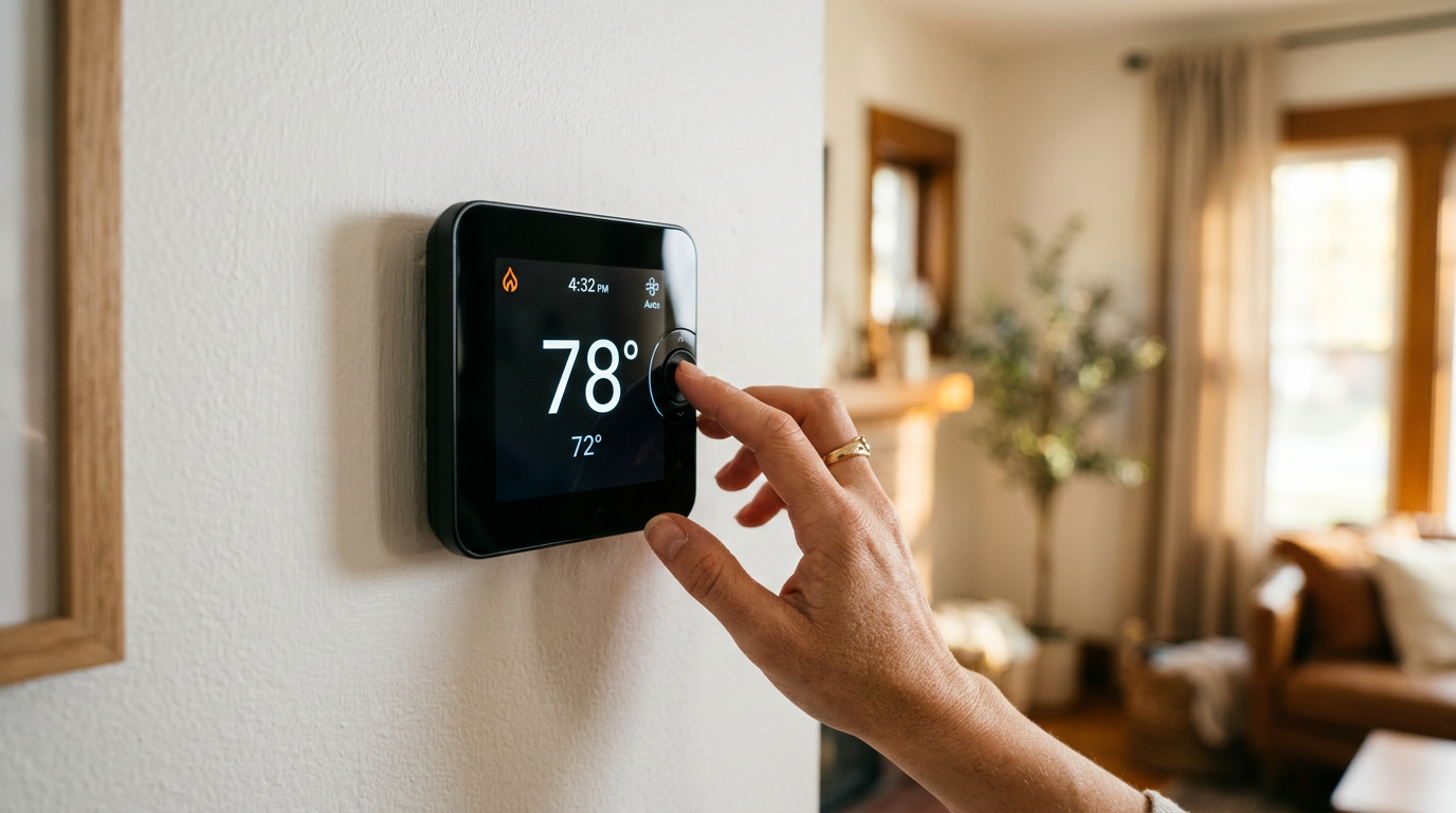 Hand adjusting a smart thermostat showing a high indoor temperature
