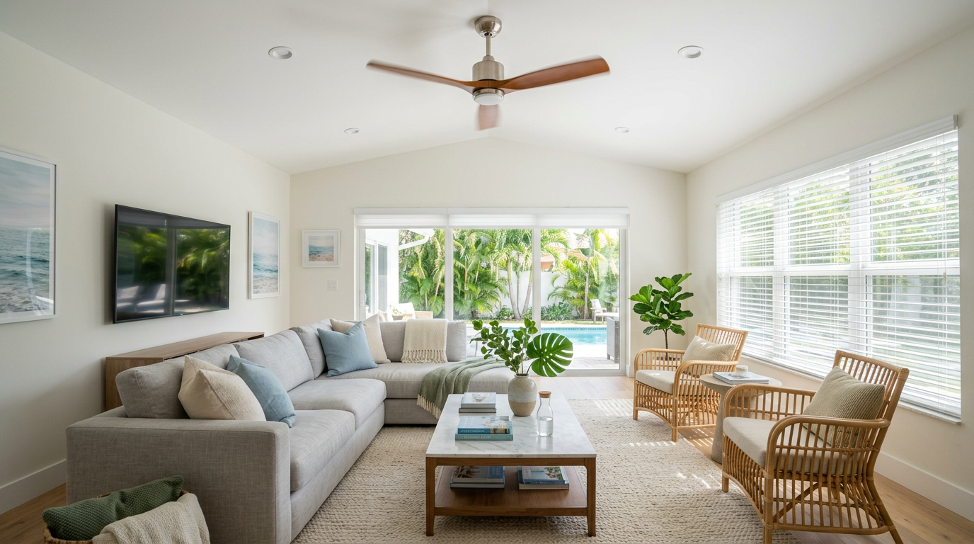 Bright Florida living room with a ceiling fan and filtered sunlight