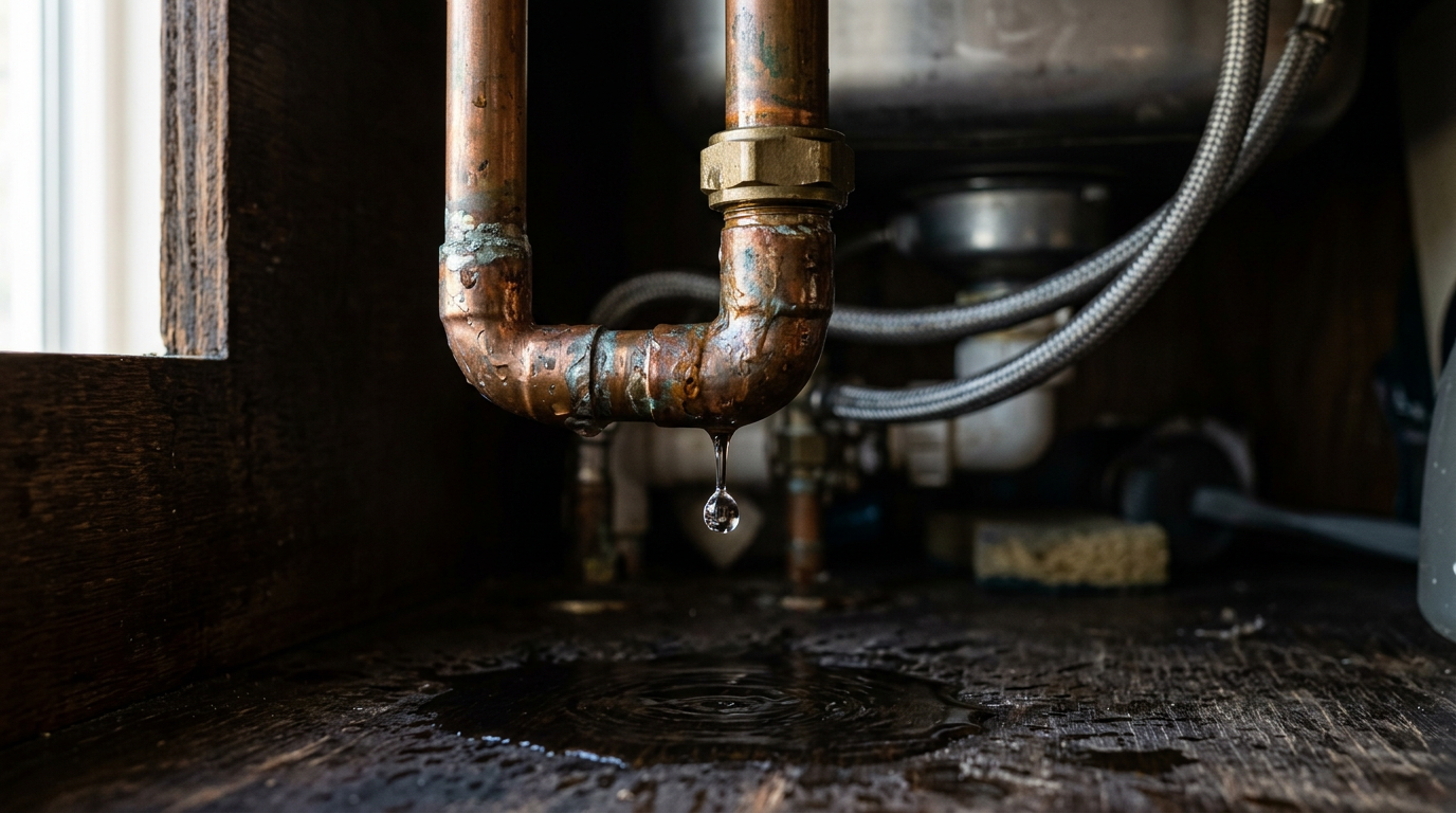 Water dripping from a copper pipe joint under a sink