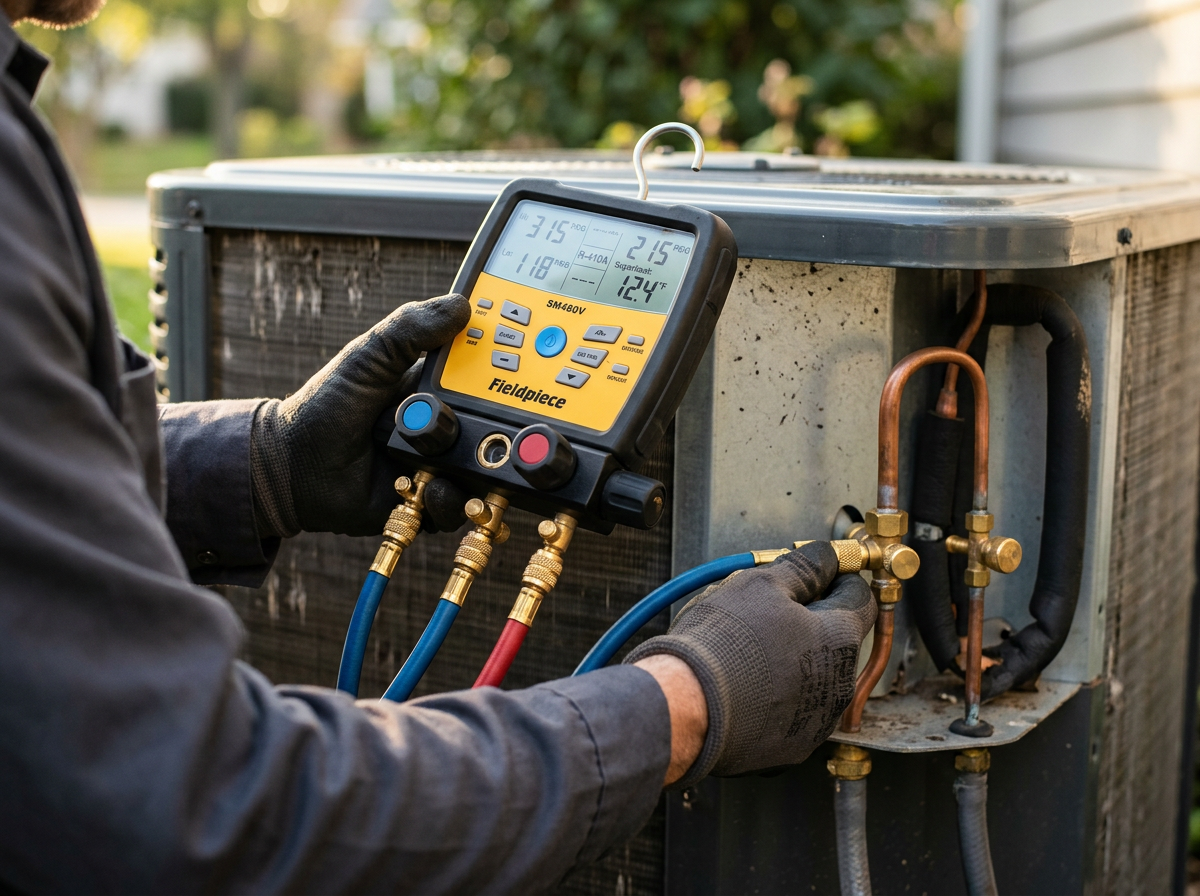 AG Service technician checking refrigerant pressure on an air conditioner